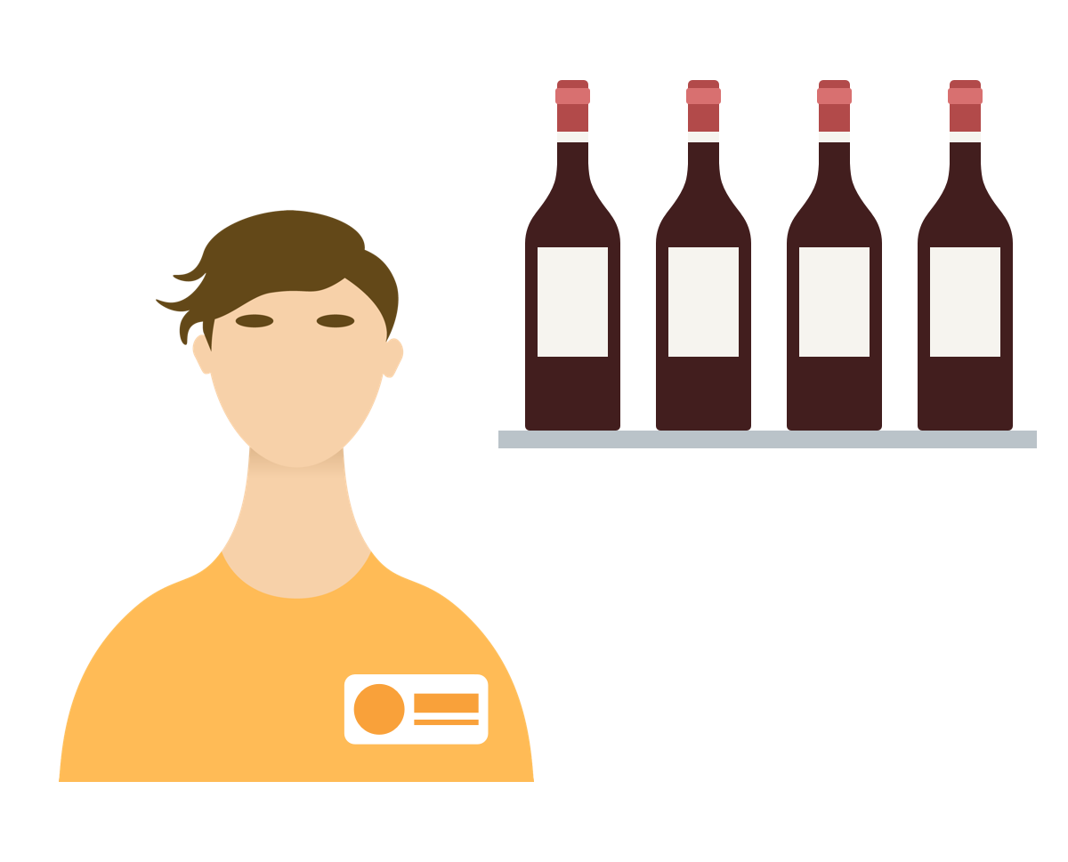 Illustration of a merchandising employee next to a shelf of red wine